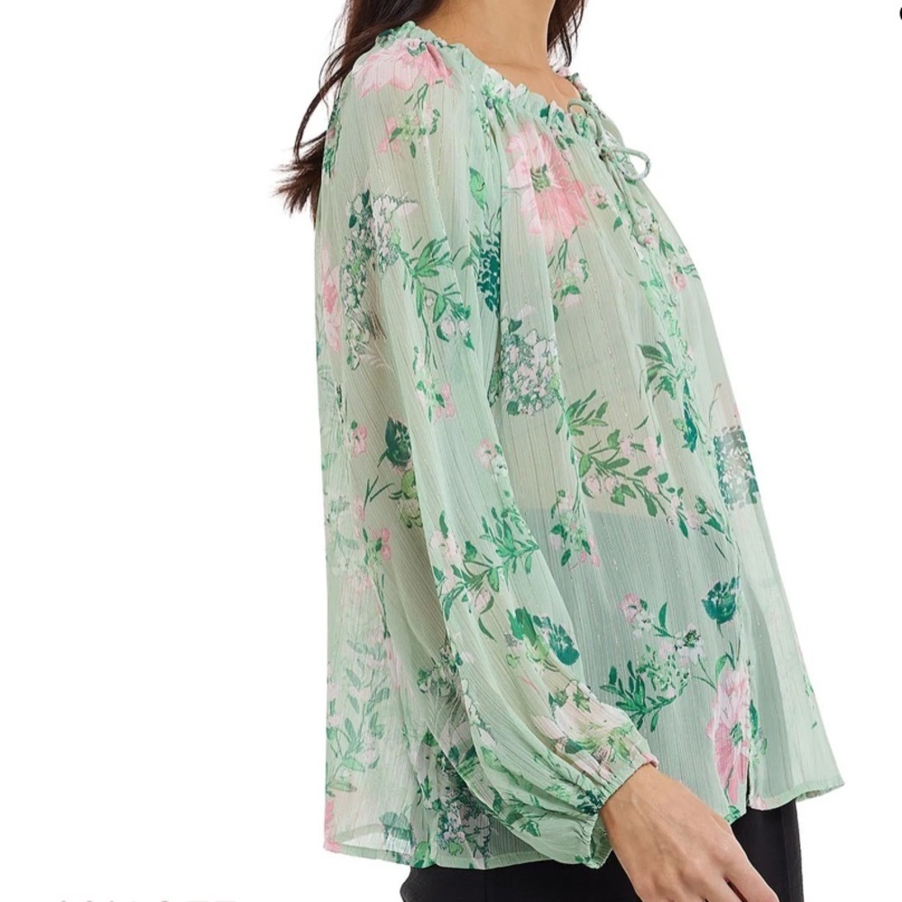 Zara Floral Sheer Blouse in Mint Green & Pink Ruffle Collar with Tie Flowy Fit - Picture 4 of 16